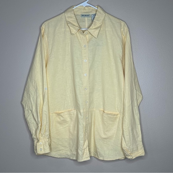 White Stag Blouse Women’s Yellow Linen Blend Collard Pocket Breathable Size Xl